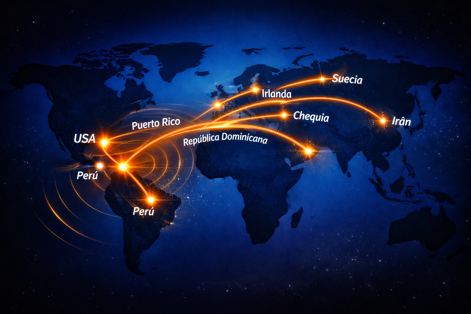 Mapa mundial de oyentes de Radio Moderna 407: USA, Puerto Rico, República Dominicana, Perú, Irlanda, Chequia, Suecia e Irán